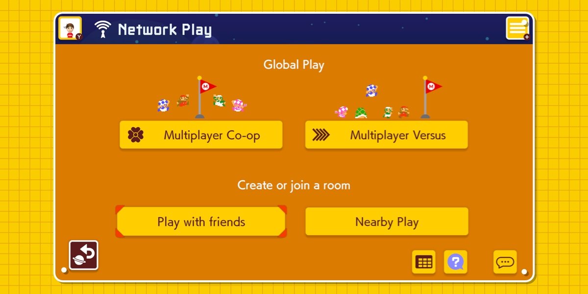 Network Play in-game menu. Multiplayer Co-op and Multiplayer Versus are Global Play options. Create or join a room, play with friends, nearby play.