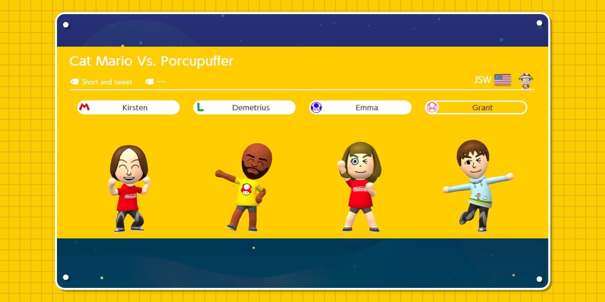 Mii characters of player and three friends before playing course named Cat Mario Vs. Porcupuffer.