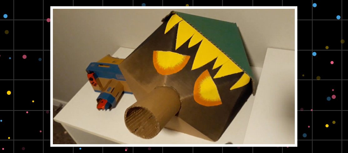 Nintendo Labo Toy-Con Camera creation decorated as Deku Link with cardboard mask, hand-painted eyes and hair, and shading to make cardboard look like wood.