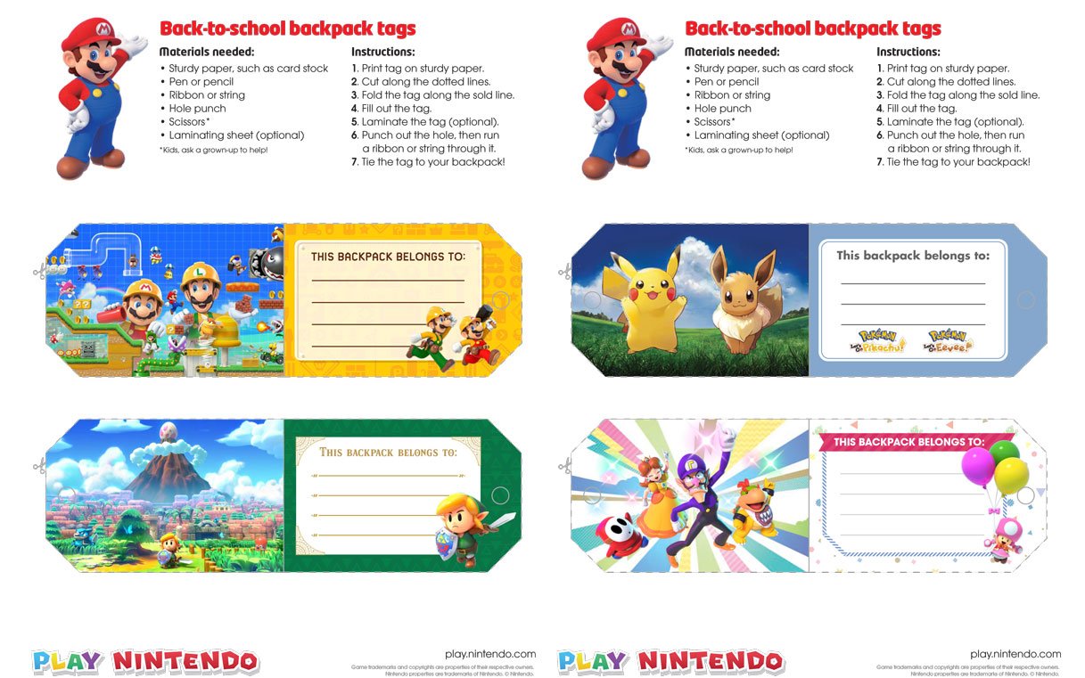 Printable Backpack Tags For Back To School Fun Play Nintendo 