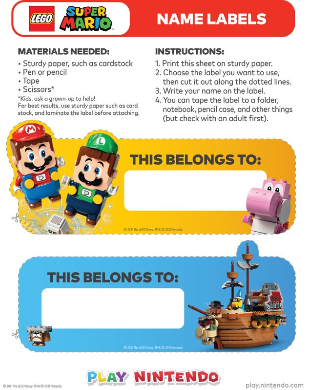 Print these LEGO® Super Mario™ Labels for new adventures Play Nintendo.