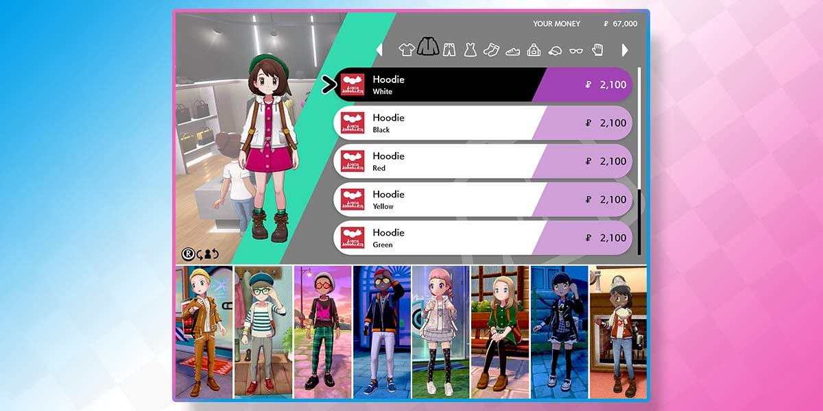 Choosing a hoodie for a female Trainer on the clothes selection screen. Plus, eight examples of male and female Trainers in various clothing styles.