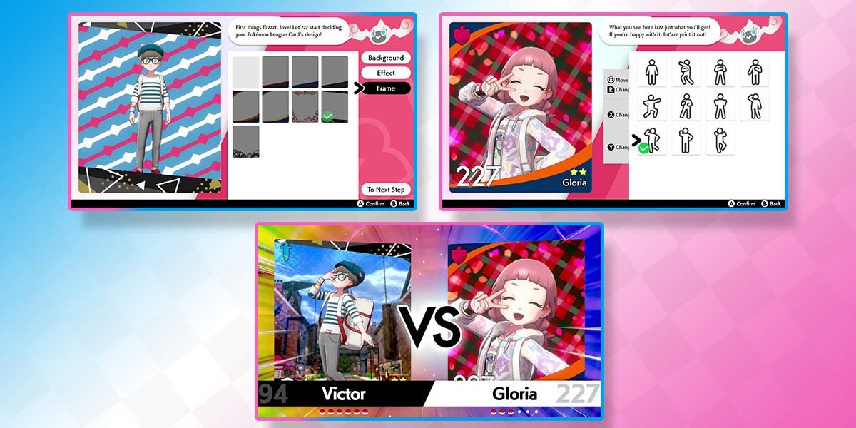 Three in-game screenshots. First, choosing a League Card frame. Second, choosing a pose. Third, Trainer Victor and Trainer Gloria’s League Cards are displayed during battle.