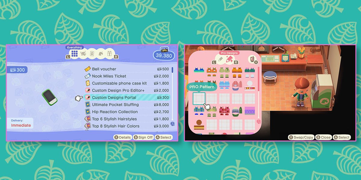 In-game Nook Miles redemption menu with Custom Designs Portal highlighted. The cost is 300 Nook Miles. Also, the Pro Designs feature with numerous empty slots for PRO patterns.
