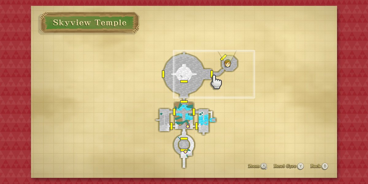 In-game map of Skyview Temple with cursor pointing to the door closest to Link’s location.