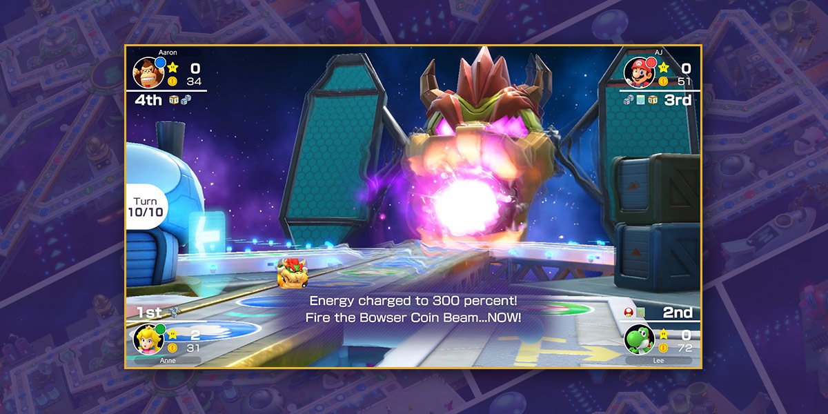 The Bowser Coin Beam prepares to fire on the Space Land board. “Energy charged to 300 percent! Fire the Bowser Coin Beam…NOW!”