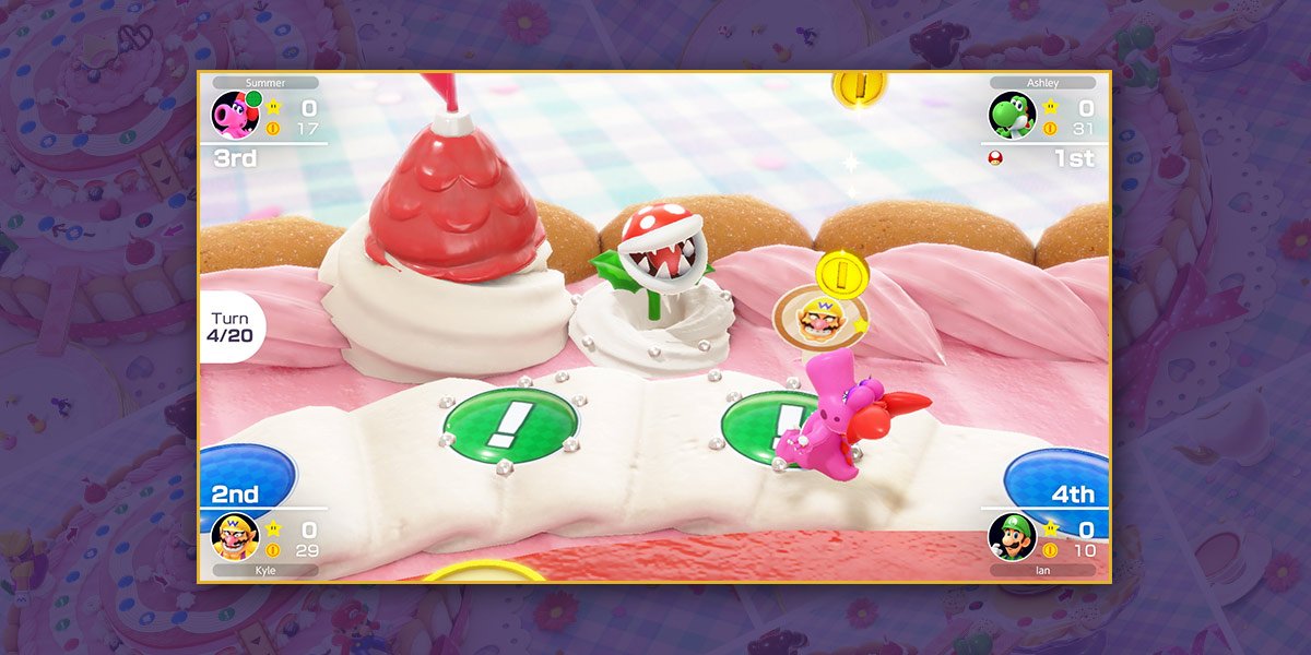 Birdo lands on a space in front of a Piranha Plant on the Peach’s Birthday Cake board and loses all her coins.