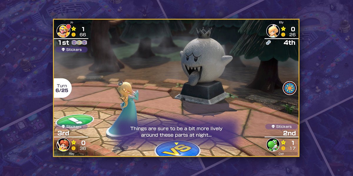 Rosalina lands on a space in front of King Boo. Things are sure to be a bit more lively around these parts at night!