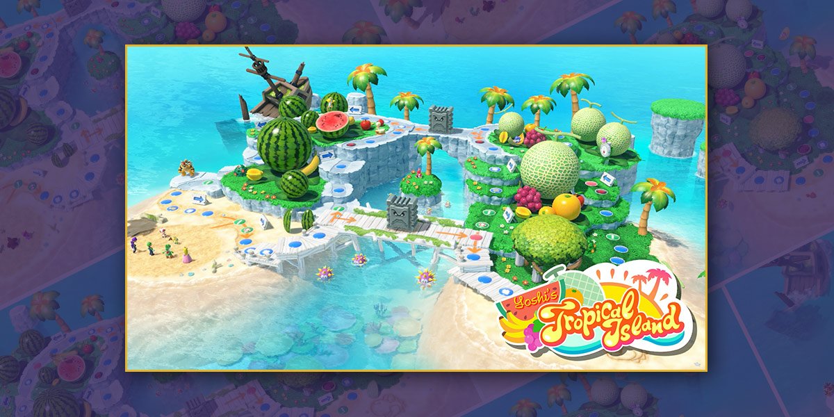 The entire Yoshi’s Tropical Island game board features two islands with pieces of fruit scattered all around. The islands are connected by two bridges each guarded by a Thwomp.