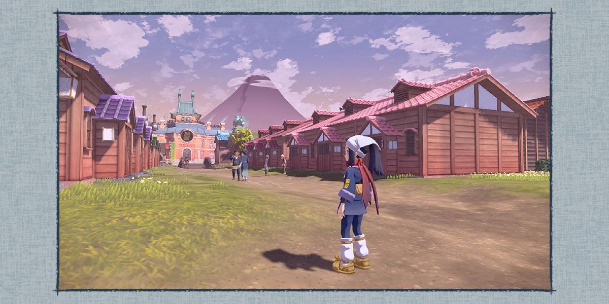 Red-roofed, wooden homes line the dirt road toward Jubilife Village. At the end of the road is the headquarters of the Galaxy Expedition Team, and Mount Coronet in the distance.