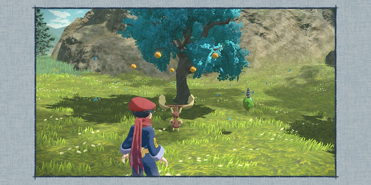 Player encounters Lopunny and Burmy near a fruit-laden tree in a grassy field.