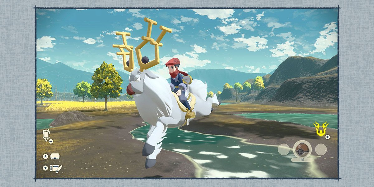 Player rides a white and gray Wyrdeer across a stream.