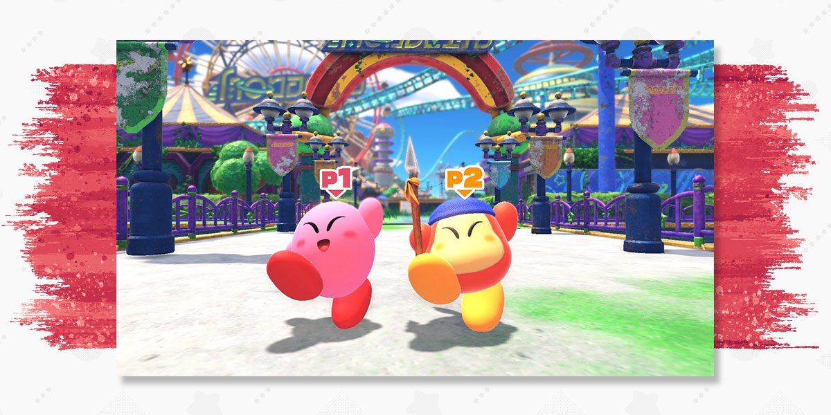 Kirby as Player 1 and Bandana Waddle Dee as Player 2 give a big smile.