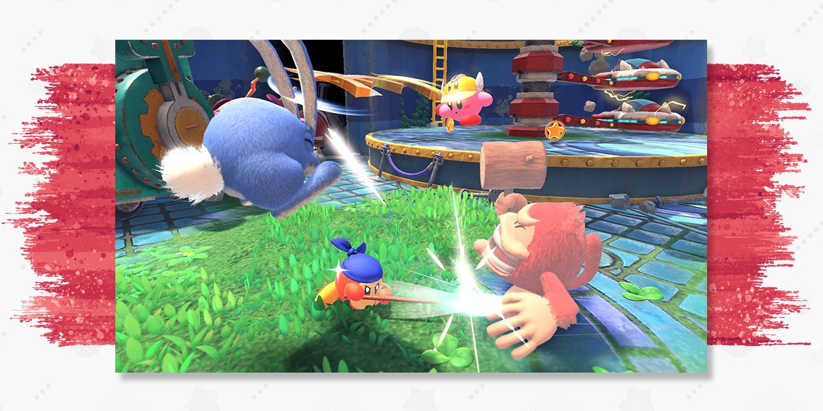 Kirby battles an enemy in the background while Bandana Waddle Dee slashes at an enemy with its spear.