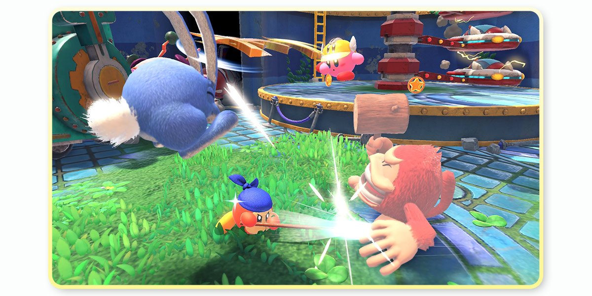 Kirby battles an enemy in the background while Bandana Waddle Dee slashes at an enemy with its spear.