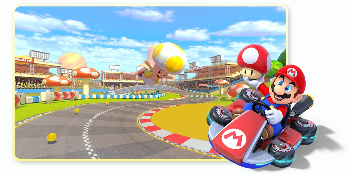 Mario takes a spin on the Toad Circuit course from the Golden Dash Cup in the Mario Kart 8 Deluxe – Booster Course Pass paid DLC.