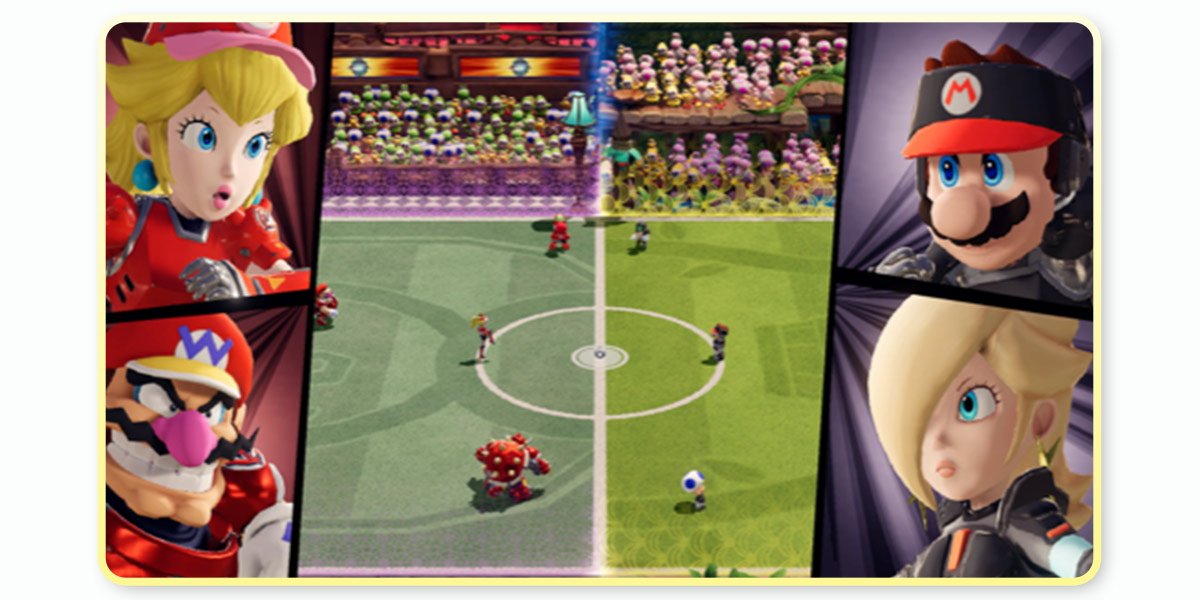 Peach and Wario face off against Mario and Rosalina, up close and on the field, in Mario Strikers: Battle League. 