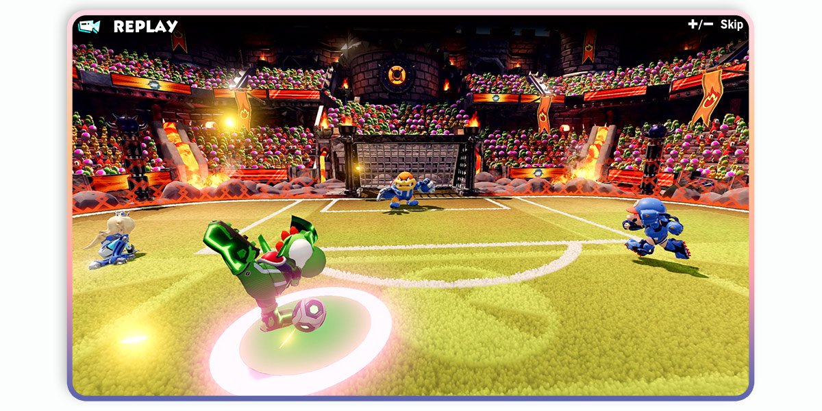 Boom Boom blocks the goal as Mario and Rosalina try to stop Yoshi from scoring in Mario Strikers: Battle League.