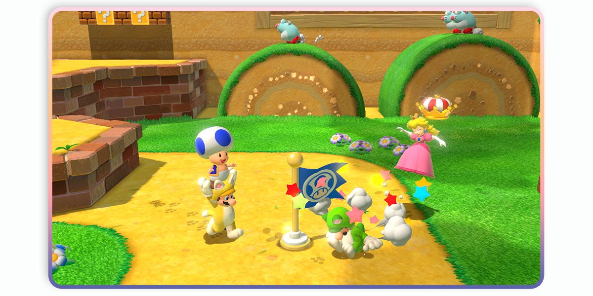Cat Mario and Cat Luigi, along with Princess Peach and Toad, reach a goal flag in Super Mario 3D World + Bowser’s Fury.
