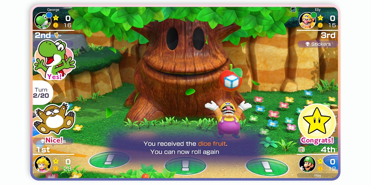 Wario rolls the dice on the Woody Woods board in Mario Party Superstars.