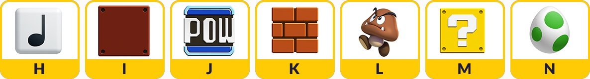 Note Block equals H Used Block equals I POW Block equals J Brick Block equals K Goomba equals L Question Block equals M Yoshi Egg equals N