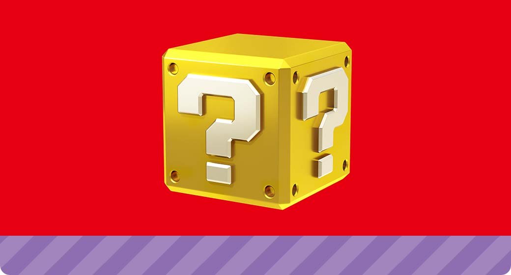 A golden question mark box hovers on a red background.