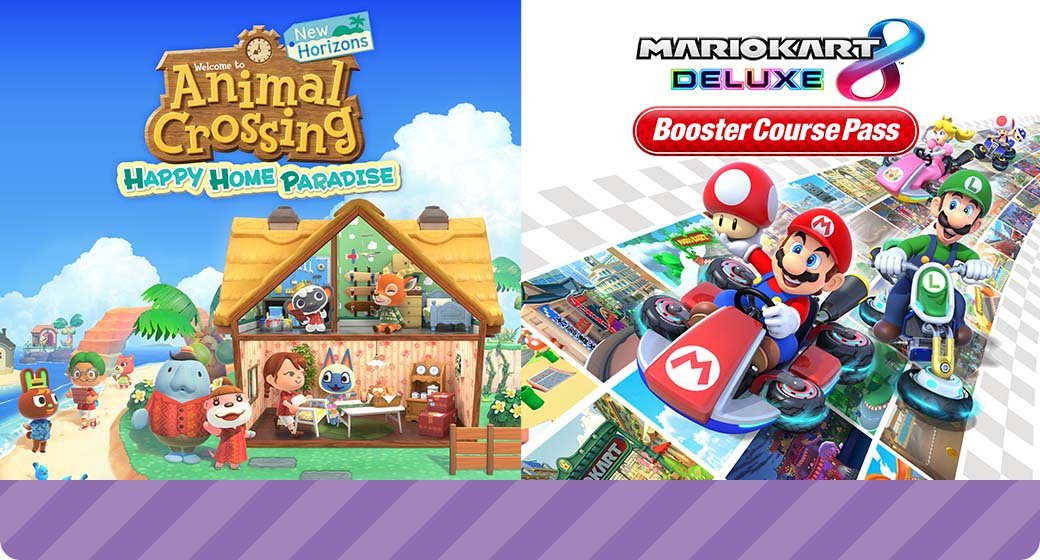 Two images combined of DLC content: on the left, Animal Crossing: New Horizons Happy Home Paradise, on the right, Mario Kart 8 Deluxe Booster Course Pass.