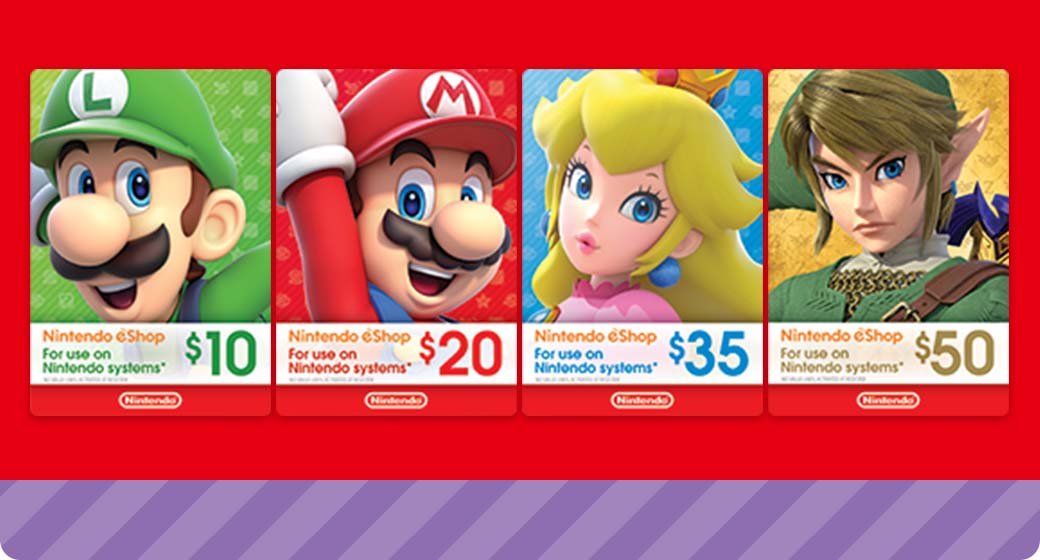 Four gift cards in a row, from $10 - 50. They show Luigi, Mario, Peach, and Link.