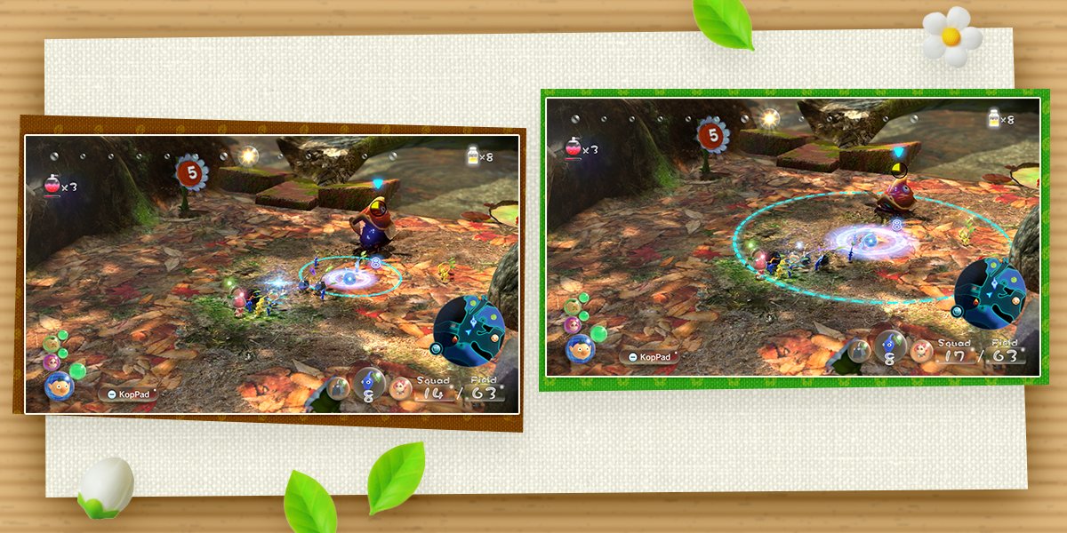 Battle scene before and after Pikmin have been ordered to retreat away from enemy.